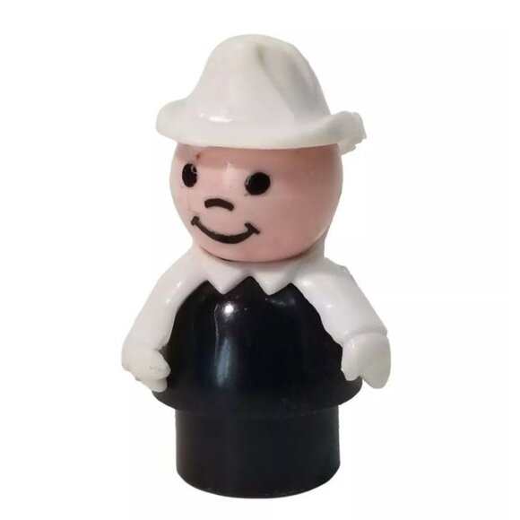 Vintage Fisher Price Little People Fireman Figure Retro Toy Black White 1980s - Picture 1 of 7